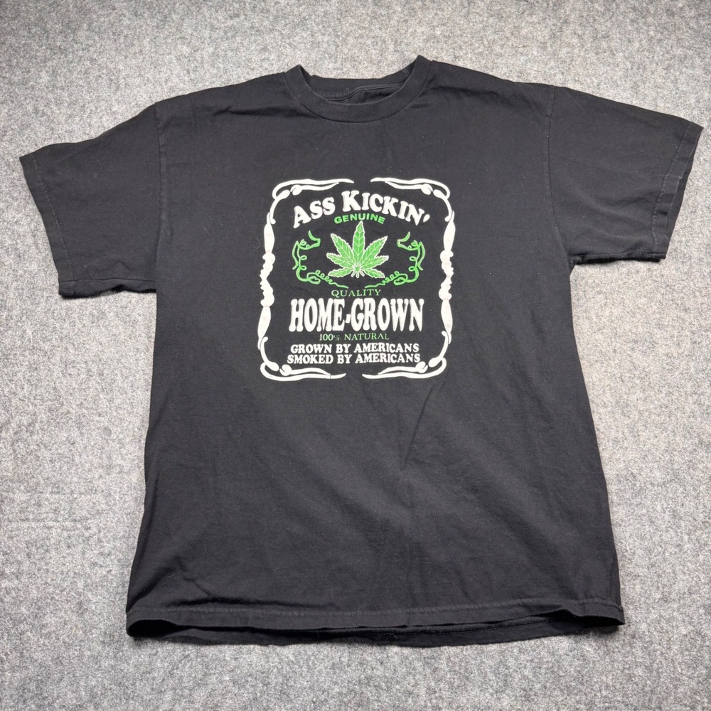 Ass Kickin Home Grown Marijuana Weed Leaf Black‎ Graphic T-Shirt Mens Large
